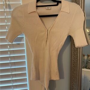 Abercrombie & Fitch Cream Ribbed Polo hook-Front Bodysuit